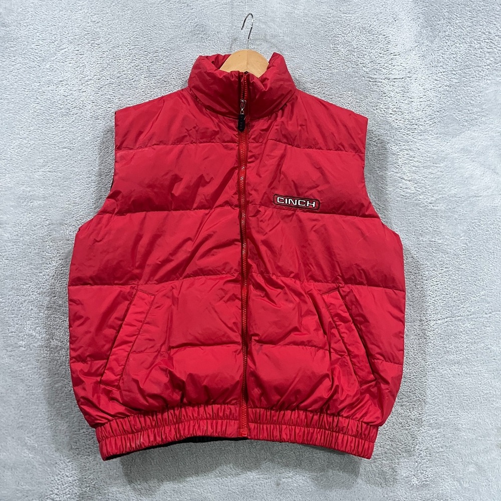 Vintage Cinch Down Puffer Vest Mens Small Red Stand-Up Collar Winter Full Zip